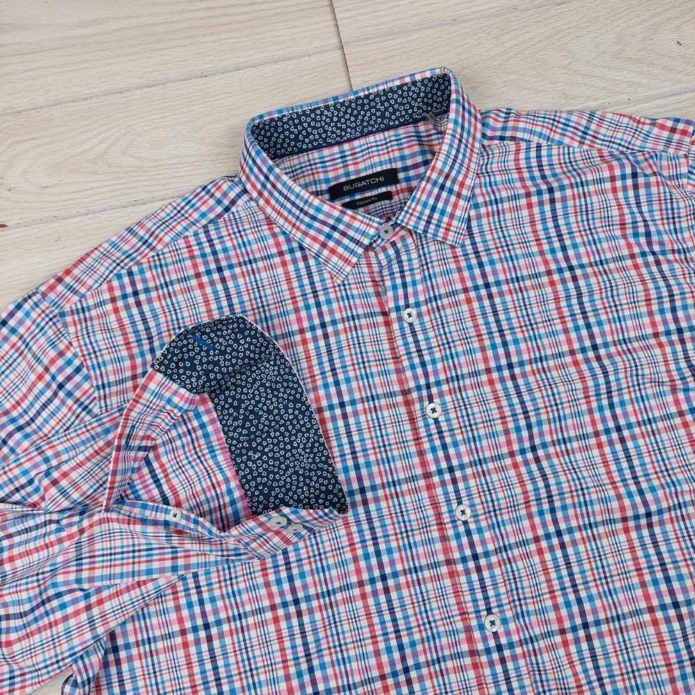 Bugatchi Dress Shirt Mens XXL Classic Fit Plaid Flip Cuff‎ Performance Stretch